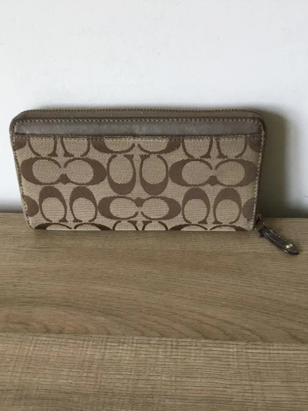 Coach Signature Zip Wallet in Tan with Pink Accent